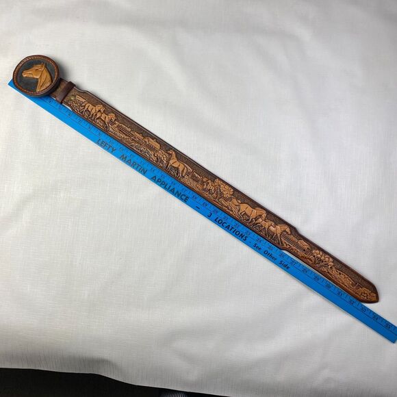 Hand Tooled LEATHER 3-D HORSES SCENE Western Belt! Handmade T Goodloe Sz 29 - Picture 8 of 16